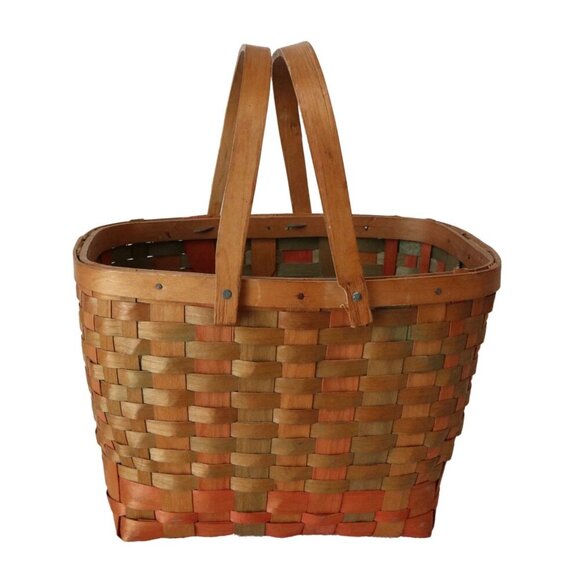 Rustic Market Basket Vintage Splint Wood Open Top Picnic Hamper Double Swing-Ha - Picture 3 of 7